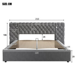 Btm 5Ft King Hydraulic Storage Bed, Velvet Upholstered, Wide Headboard, With Reading Light, Grey - thumbnail 7