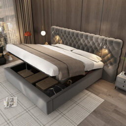 Btm 5Ft King Hydraulic Storage Bed, Velvet Upholstered, Wide Headboard, With Reading Light, Grey - thumbnail 6