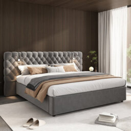 Btm 5Ft King Hydraulic Storage Bed, Velvet Upholstered, Wide Headboard, With Reading Light, Grey - thumbnail 5
