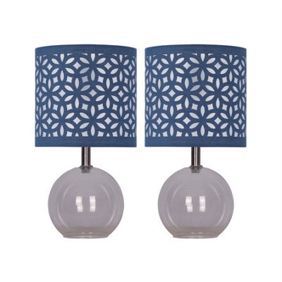 First Choice Lighting Set Of 2 Buck - Clear Glass Table Lamps With Navy Blue Cut Out Shade - image 1