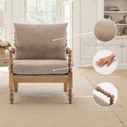Beige Wooden Accent Chair For Living Room Ocelia - Soft Woven Chenille Fabric - Flat Pack - thumbnail 7