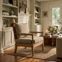 Beige Wooden Accent Chair For Living Room Ocelia - Soft Woven Chenille Fabric - Flat Pack - thumbnail 6