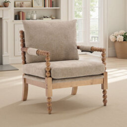 Beige Wooden Accent Chair For Living Room Ocelia - Soft Woven Chenille Fabric - Flat Pack