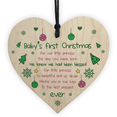 Red Ocean Baby's First Christmas Wooden Heart Bauble Tree Decoration Gift For Daughter Baby Child - image 1