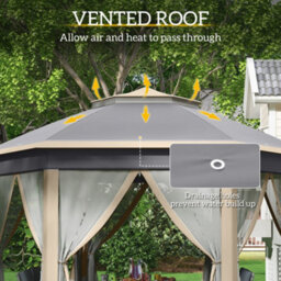 Outsunny 3X4M Hexagon Gazebo W/ Mesh Curtains Outdoor Garden, Khaki - thumbnail 5