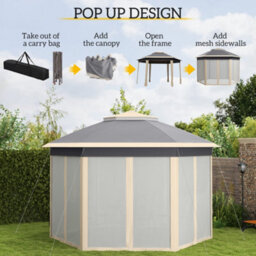 Outsunny 3X4M Hexagon Gazebo W/ Mesh Curtains Outdoor Garden, Khaki - thumbnail 4