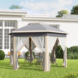 Outsunny 3X4M Hexagon Gazebo W/ Mesh Curtains Outdoor Garden, Khaki - thumbnail 1