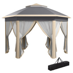 Outsunny 3X4M Hexagon Gazebo W/ Mesh Curtains Outdoor Garden, Khaki - thumbnail 2