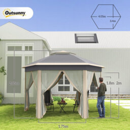 Outsunny 3X4M Hexagon Gazebo W/ Mesh Curtains Outdoor Garden, Khaki - thumbnail 3