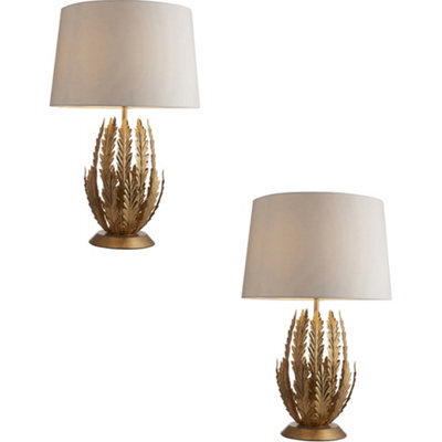 2 Pack Ornate Gold Table Lamp & Ivory Cotton Fabric Shade Decorative Leaf Design - image 1