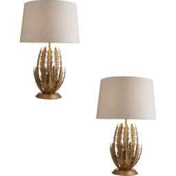 2 Pack Ornate Gold Table Lamp & Ivory Cotton Fabric Shade Decorative Leaf Design