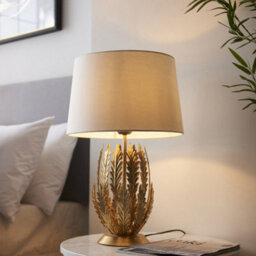 2 Pack Ornate Gold Table Lamp & Ivory Cotton Fabric Shade Decorative Leaf Design - thumbnail 3