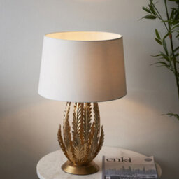 2 Pack Ornate Gold Table Lamp & Ivory Cotton Fabric Shade Decorative Leaf Design - thumbnail 5