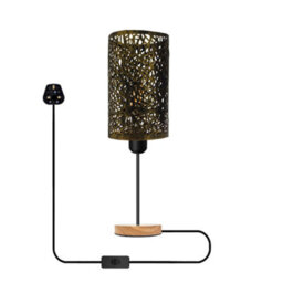 Bedside Table Lamp With Wooden Base And Cage Lampshade Bedroom Light Brushed Brass
