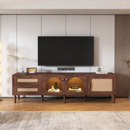 "Btm 180Cm Tv Cabinet For 80"" Tvs, Rattan And Glass Doors, Led Lights, Modern Tv Unit With Stylish Storage, Brown" - thumbnail 1