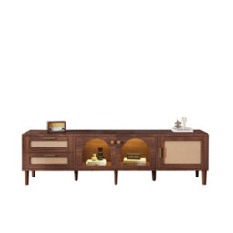 "Btm 180Cm Tv Cabinet For 80"" Tvs, Rattan And Glass Doors, Led Lights, Modern Tv Unit With Stylish Storage, Brown" - thumbnail 2
