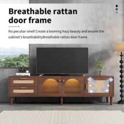 "Btm 180Cm Tv Cabinet For 80"" Tvs, Rattan And Glass Doors, Led Lights, Modern Tv Unit With Stylish Storage, Brown" - thumbnail 5