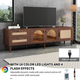 "Btm 180Cm Tv Cabinet For 80"" Tvs, Rattan And Glass Doors, Led Lights, Modern Tv Unit With Stylish Storage, Brown" - thumbnail 6