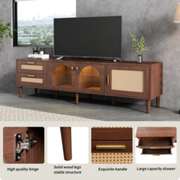 "Btm 180Cm Tv Cabinet For 80"" Tvs, Rattan And Glass Doors, Led Lights, Modern Tv Unit With Stylish Storage, Brown" - thumbnail 4