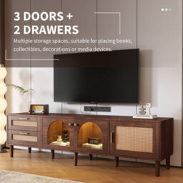 "Btm 180Cm Tv Cabinet For 80"" Tvs, Rattan And Glass Doors, Led Lights, Modern Tv Unit With Stylish Storage, Brown" - thumbnail 7