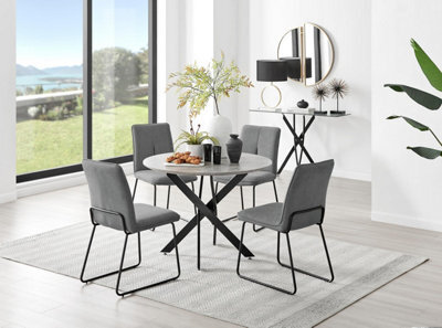 Furniturebox Uk Novara Grey Concrete Effect Black Leg Round Dining Table & 4 Dark Grey Halle Chairs - image 1