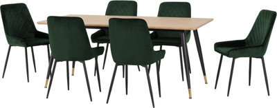 Seconique Hamilton Large Dining Set Oak Effect With 6 Green Velvet Avery Chairs - image 1