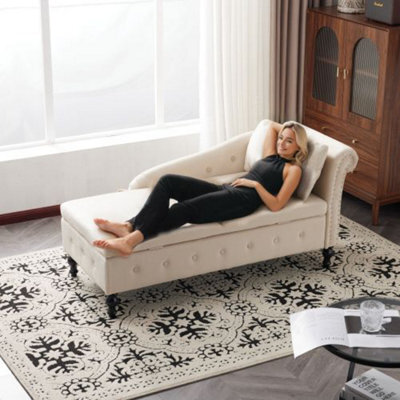 Btm Velvet Chaise Lounge Sofa With Storage Beige Upholstered Couch With Pillow Tufted Lounge Chair Right Armrest - image 1
