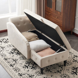 Btm Velvet Chaise Lounge Sofa With Storage Beige Upholstered Couch With Pillow Tufted Lounge Chair Right Armrest - thumbnail 2