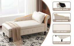 Btm Velvet Chaise Lounge Sofa With Storage Beige Upholstered Couch With Pillow Tufted Lounge Chair Right Armrest - thumbnail 7