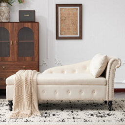 Btm Velvet Chaise Lounge Sofa With Storage Beige Upholstered Couch With Pillow Tufted Lounge Chair Right Armrest - thumbnail 4