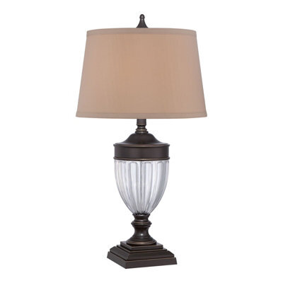 Stylish Palladian Bronze Table Lamp With Tan Fabric Shade