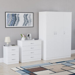 Lassic Vida Designs Riano 3 Piece Bedroom Set (3 Drawer Bedside Chest, 4 Drawer Chest, 3 Door Wardrobe), White - thumbnail 6