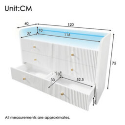 Modernluxe Fluted 6-Drawer Sideboard, Modern Storage Cabinet With Rgb Led Lighting & Shelves, Chest Of Drawers, White - thumbnail 3