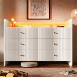 Modernluxe Fluted 6-Drawer Sideboard, Modern Storage Cabinet With Rgb Led Lighting & Shelves, Chest Of Drawers, White - thumbnail 2
