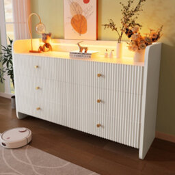 Modernluxe Fluted 6-Drawer Sideboard, Modern Storage Cabinet With Rgb Led Lighting & Shelves, Chest Of Drawers, White