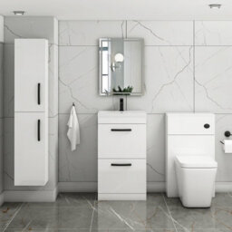 Royal Bathrooms Turin Gloss White 500mm Floor Standing Vanity Unit 2 Drawer With Mid-Edge Basin Sink & Matt Black Handles - thumbnail 2