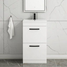 Royal Bathrooms Turin Gloss White 500mm Floor Standing Vanity Unit 2 Drawer With Mid-Edge Basin Sink & Matt Black Handles