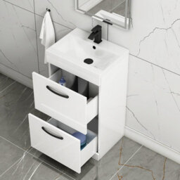 Royal Bathrooms Turin Gloss White 500mm Floor Standing Vanity Unit 2 Drawer With Mid-Edge Basin Sink & Matt Black Handles - thumbnail 3