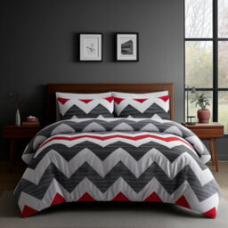 Duvet Cover And Pillowcase Set Grey And Red Zig Zag Reversible Print Design Polycotton Bed Linen Grey