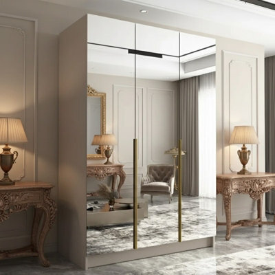 Calia Iii 150Cm Three Door Wardrobe Modern Mirror Front With Contoured Profile Shelves Hanging Rail Cashmere Gold - image 1