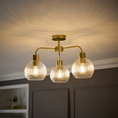 Valuelights Maddison Clear Ribbed Glass Globe Shades Brushed Gold 3 Arm Ceiling Light - image 1