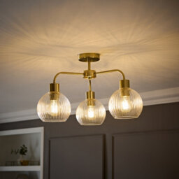 Valuelights Maddison Clear Ribbed Glass Globe Shades Brushed Gold 3 Arm Ceiling Light - thumbnail 1