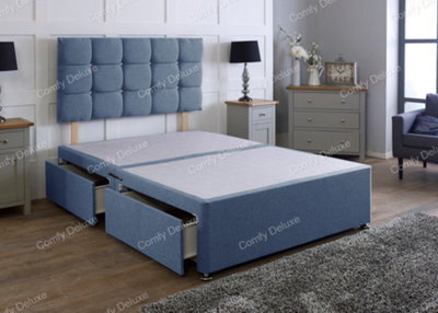 Comfy Deluxe 6Ft Blue Linen Superking Divan Bed Base With Headboard 2 Drawers Same Side