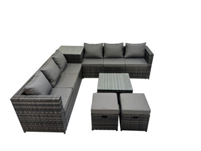 Fimous 8 Seater Garden Outdoor Rattan Furniture Set Patio Corner Sofa Coffee Table With 2 Small Stools Dark Grey - image 1