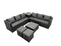 Fimous 8 Seater Garden Outdoor Rattan Furniture Set Patio Corner Sofa Coffee Table With 2 Small Stools Dark Grey - thumbnail 2