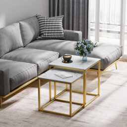 Huhote Nesting Tables 2 Set With Metal Frame White Marble Finish Top 50/45 Cm For Living Room Bedroom Balcony Office Coffee Table