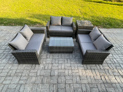 Fimous Dark Grey 6 Seater Outdoor Rattan Garden Furniture Set Patio Love Sofa Rectangular Coffee Table Set With Side Table - image 1