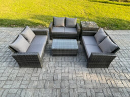 Fimous Dark Grey 6 Seater Outdoor Rattan Garden Furniture Set Patio Love Sofa Rectangular Coffee Table Set With Side Table - thumbnail 1