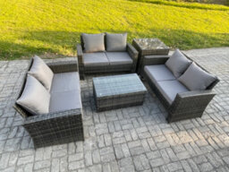 Fimous Dark Grey 6 Seater Outdoor Rattan Garden Furniture Set Patio Love Sofa Rectangular Coffee Table Set With Side Table - thumbnail 2