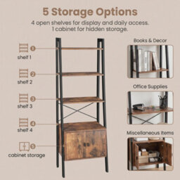 Ledrem Ladder Shelf With Cupboard, 4-Tier Tall Slim Bookcase, Living Room Storage Unit, 56 X 34 X 171 Cm, Rustic Brown - thumbnail 7